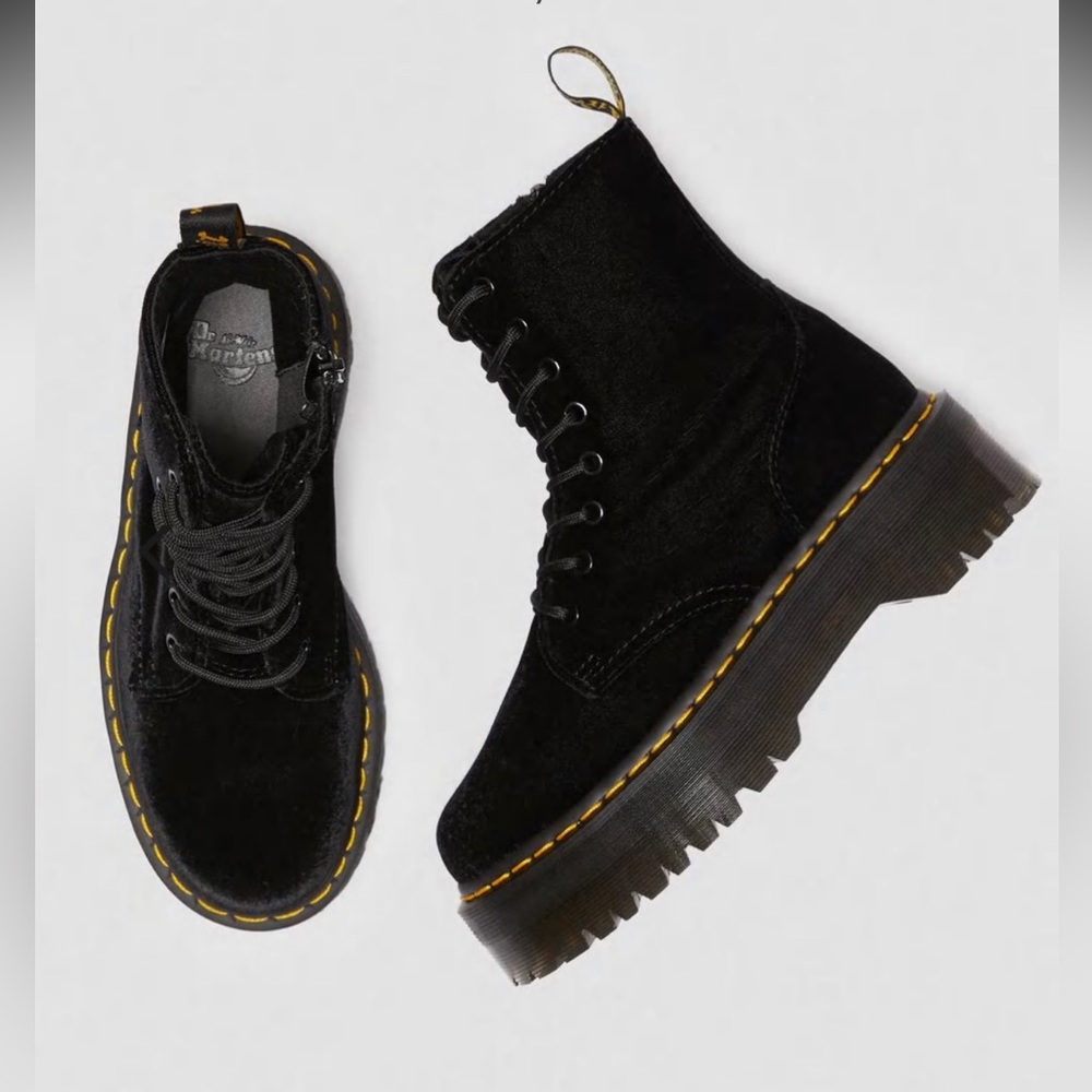 Dr. Martens Black Velvet Platform Lace-Up Boots with Yellow Stitching